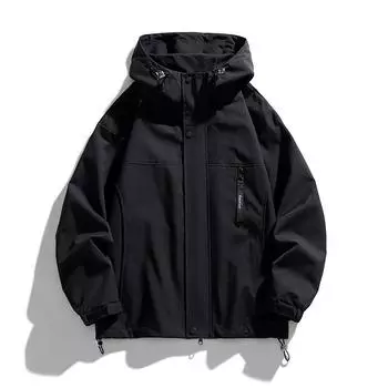 Jacket Hooded Jacket Men s Loose Solid Color Large Size Tooling Autumn Top Men s and Women s Waterproof and Windproof Couple Jacket M