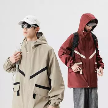Jackets for men spring and autumn new hooded casual waterproof and windproof work clothes solid color couple trendy brand top clothes S