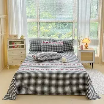 Japanese Cherry Plaid Pattern Bed Sheet Set Simple Style Cotton Comfortable Flat Sheet with Pillowcases Queen Size Bedding Set 120x240cm 3Pcs