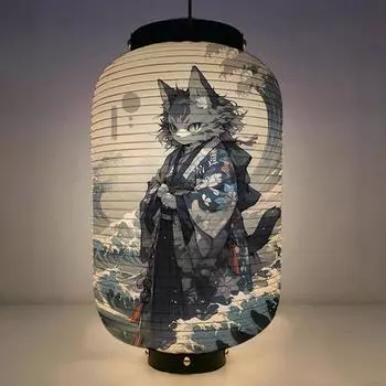 Японское кимоно Самурай Кот Искусство Узор Фонарь Ресторан Izakaya Кухня Декор Рекламный знак Бумажный фонарь в стиле Ukiyo-e 15x25cm