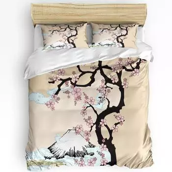 Японский цветок сакуры с изображением горы Фудзи Пододеяльник из 3 предметов Постельное белье Домашний текстиль Одеяло Чехол Наволочки Постельное белье Без простыни EU single(135x200cm)