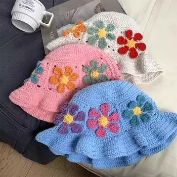 Japanese Retro Hollow Flower Basin Caps for Women Show Face Small Spring and Autumn Sweet Versatile Handknitted Bucket Hat 56-58cm белый