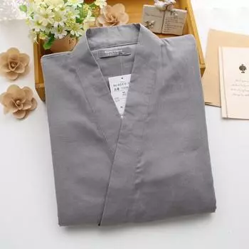 Japanese Spring and Summer Men s Kimono Pajamas Cotton Double-layer Gauze Loose Pajamas Set In Long-sleeved Kimono L темно-синий