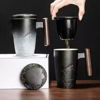 Japanese Vintage Ceramic Strainer Tea Cup Mug with Lid Wood Handle Office Tea Water Mugs As show