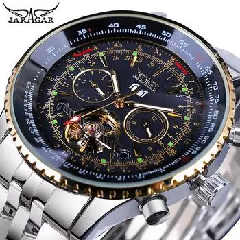 JARAGAR Top Watch Большой циферблат Tuber Flywheel Механические часы Мужская мода Повседневный бизнес Стальной браслет