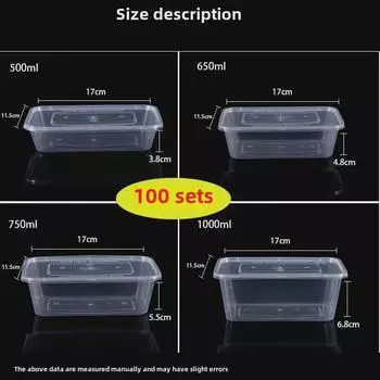 Экологичный 1000 мл прозрачный прямоугольный одноразовый ланч-бокс Rectangular with Plastic Lid, 100 Sets, 500ML