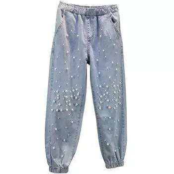Эластичный пояс с жемчугом Дизайн Jogger Jeans Спортивный костюм Cargo Fashion Slim Jean Women Denim Pant с высокой талией плюс размер 3XL летние брюки S синий