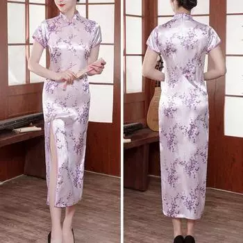 Элегантное длинное Cheongsam из искусственного атласа в китайском стиле с воротником-стойкой и коротким рукавом Qipao с цветочным принтом и разрезом по бокам вечернее платье
