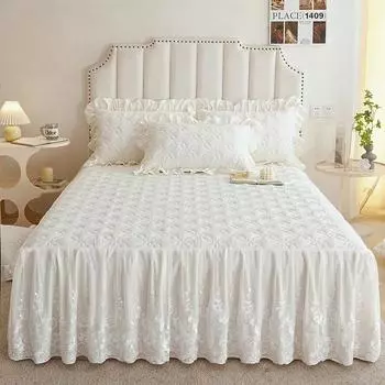 Элегантное кружевное двуспальное покрывало для кровати Queen Size 180x200, покрывало King Size, стеганая юбка с рюшами и 2 дышащими наволочками