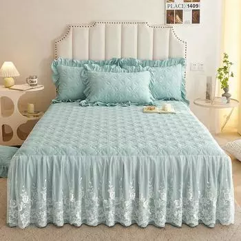 Элегантное кружевное двуспальное покрывало для кровати Queen Size 180x200, покрывало King Size, стеганая юбка с рюшами и 2 дышащими наволочками Only 2pcs pillowcase жёлтый
