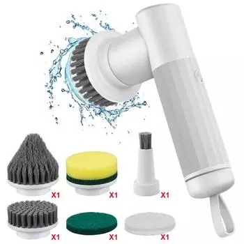 Электрическая беспроводная щетка для чистки Spin Scrubber с 2 скоростями вращения и 6 сменными головками для ванной комнаты, кухни, стен, окон белый