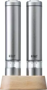 Электрическая мельница Russell Hobbs для соли и перца, каменная соль, перец, специи, регулируемая степень помола, набор из 2 шт., мини-размер, серебро 7933JP