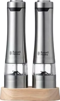 Электрическая мельница Russell Hobbs для соли и перца, каменная соль, перец, специи, регулируемая степень помола, набор из 2 штук, деревянная подставка, серебристый цвет 7923JP