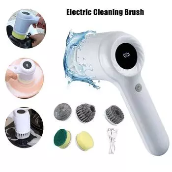Электрическая щетка для чистки Spin Scrubber, беспроводная перезаряжаемая щетка для ванной комнаты, кухонных принадлежностей с 5 сменными насадками светло-серый