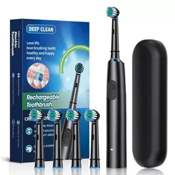 Электрическая зубная щетка Deep Clean Whitening Зубы для взрослых Вращающаяся ультразвуковая зубная щетка с 4 сменными головками чёрный