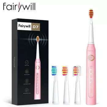 Электрическая зубная щетка Fairywill FW-507 Sonic, перезаряжаемая через USB, 5 режимов, 4 сменные насадки, розовый цвет