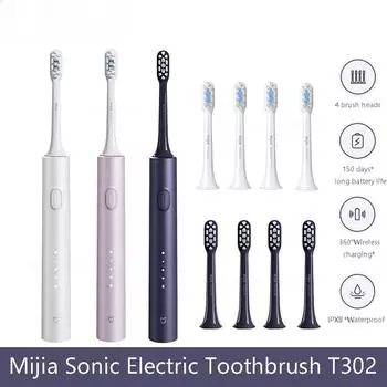 Электрическая зубная щетка Sonic T302, 3 цвета, 4 насадки, IPX8, водонепроницаемость, беспроводная зарядка на 360°, 4 режима, чистка зубов