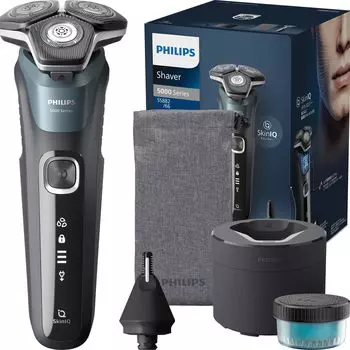 Электробритва Philips серии 5000 с чистящим устройством, электрическая бритва для мужчин, вращающаяся, IQ Bath Shaving, полностью цвет Petrol Blue (45 лезвий,
