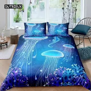 Jellyfish Duvet Cover Ocean Nautical Comforter Cover Hawaii Beach Bedding Set Microfiber Sea Animal Coral Queen King Quilt Cover EU single(135x200cm)