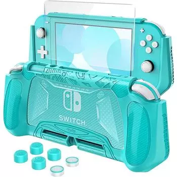 Эргономичный защитный чехол для Nintendo Switch Lite, приятный на ощупь благодаря закаленной пленке для экрана и выемке под 6 больших пальцев зелёный