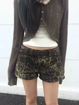 Эстетические Y2k винтажные леопардовые джинсовые шорты женские Gyaru Harajuku Jorts уличная одежда хип-поп сексуальные джинсовые брюки корейская мода лето S дубильная кора