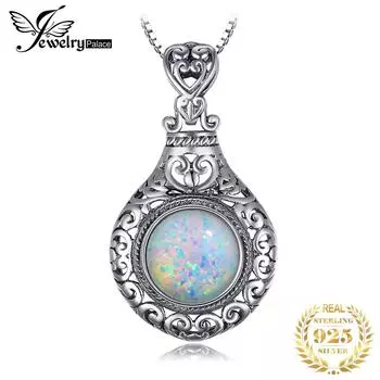 JewelryPalace Винтаж 2,5 карат Кабошон Создан Опал Стерлингового Серебра 925 пробы Сердце Любовь Заявление Ожерелье Колье Без Цепи