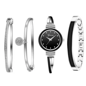[JEWELRYWE] Women s Bangle Watch Bracelet 4 Piece Set Analog Display Waterproof Popular Cute Stylish Alloy Women s Watch Silver Black Birthday
