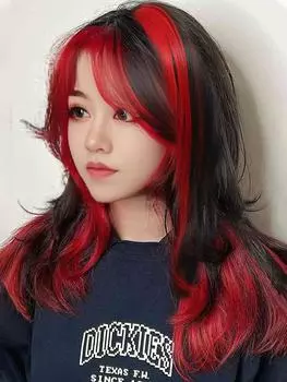 JINKAILI 32 inch Long Body Wave Black&Red Cosplay Wigs Midle Part Wig Halloween Wigs Party,Lolita Wig,Heat resistant wig For Girls