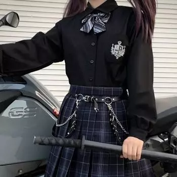 Jk Uniform Японская Весна и Осень Свободная Черная Рубашка С Длинными Рукавами Вышивка Женская XS