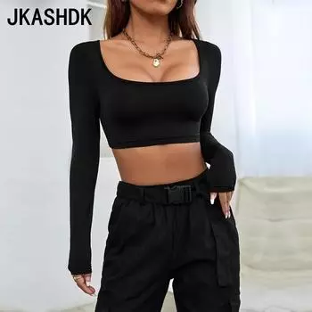 JKAASHDK женские модные повседневные однотонные принты весенне-осенние блузки и рубашки с квадратным воротником и длинными рукавами, пуловеры S чёрный