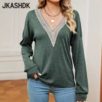 JKAASHDK Женские модные повседневные весенне-осенние блузки и рубашки с длинными рукавами и v-образным вырезом, пуловеры S чёрный