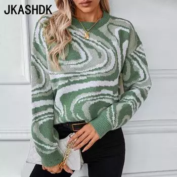 JKASHDK Женская мода Повседневный Осень Зима Цвет Блок Принт Длинный рукав О-образный вырез свитера S зелёный