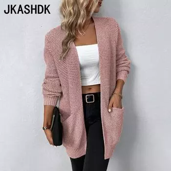 JKASHDK Женская мода Повседневный Осень Зима Однотонный Принт Длинный Рукав V-образный Вырез Свитера S армия зеленый