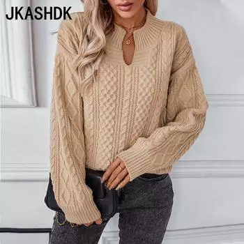 JKASHDK Женская мода Повседневный Осень Зима Однотонный Принт Длинный Рукав V-образный Вырез Свитера S хаки