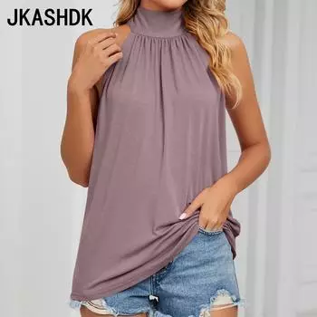 JKASHDK Женские модные повседневные летние однотонные блузки и рубашки без рукавов с принтом S чёрный