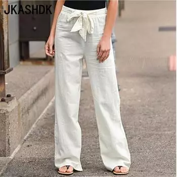 JKASHDK Женские модные повседневные однотонные брюки с высокой талией и принтом, брюки и капри S белый