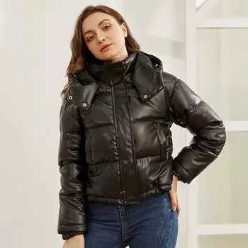 Jmprs модные женские парки с капюшоном из искусственной кожи, зимнее толстое пальто-бомбер, теплая искусственная кожа, черная хлопковая подкладка, пуховик, верхняя одежда S бежевый