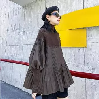 Johnature Autumn Winter Turtleneck Knitting Patchwork Pleated Sweaters Casual Fashion Loose Solid Color Women Sweaters One Size чёрный