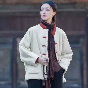 Johnature Chinese Style Patchwork Color Winter for Women Stand Button Warm Coats Pockets Coats One Size фиолетовый