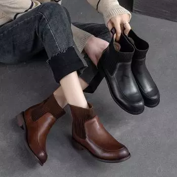 Johnature Fashion Chelsea Женские короткие ботинки из натуральной кожи Универсальная удобная женская обувь в стиле ретро 40 чёрный