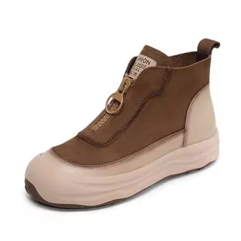 Johnature Genuine Leather Retro Thick Soled Short Boots With Front Zipper Casual Flat Platform Shoes 35 коричневый