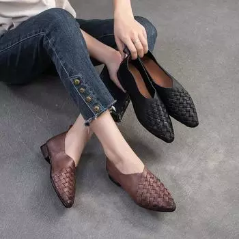 Johnature Hand Woven из натуральной кожи с острым носком, без застежек, удобные женские туфли на плоской подошве для поездок на работу 35 чёрный