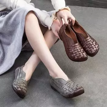Johnature Handmade Woven Retro Sandals Genuine Leather Breathable Comfortable Women s Slip-on Shoes 35 серый