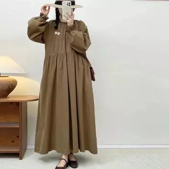 Johnature Japanese Forest Fungus Round Neck Cotton Dress Spring Loose Retro Casual Loose Simple With Brooch Women Dress One Size бежевый