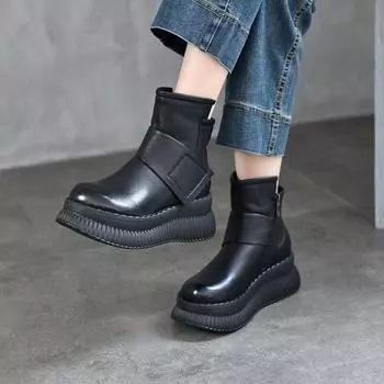 Johnature Plush Genuine Leather Women s Cotton Boots Casual Side Zipper Thick Soled Wedges Short Boots 35-Plush чёрный