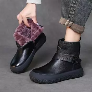 Johnature Plush Warm Flat Bottom Short Boots Универсальные женские ботинки из натуральной кожи с мягкой подошвой 35 чёрный