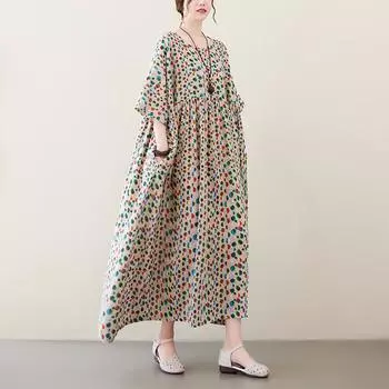 Johnature разноцветный принт свободное платье в горошек с короткими рукавами женское весенне-летнее повседневное богемное женское платье One Size разноцветный
