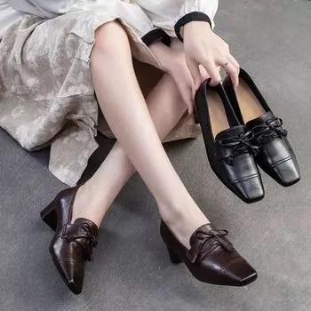 Туфли-лодочки Johnature Retro из натуральной кожи с квадратным носком и толстым каблуком, универсальные женские туфли для поездок на работу 35 чёрный