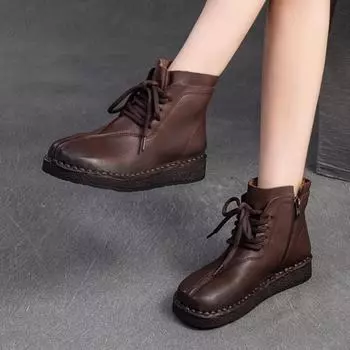 Johnature Retro Lace Up Flat Short Boots Натуральная кожа Удобная универсальная женская обувь 35 чёрный