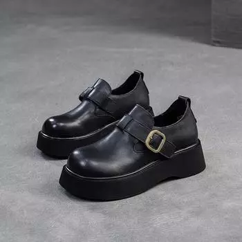 Johnature Retro Round Toe Platform Shoes Versatile Genuine Leather Comfortable Thick Soled Women s Shoes 35